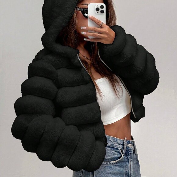 Black Casual Women's Fluffy faux fur Hooded Cropped Jacket - Picture 4 of 7